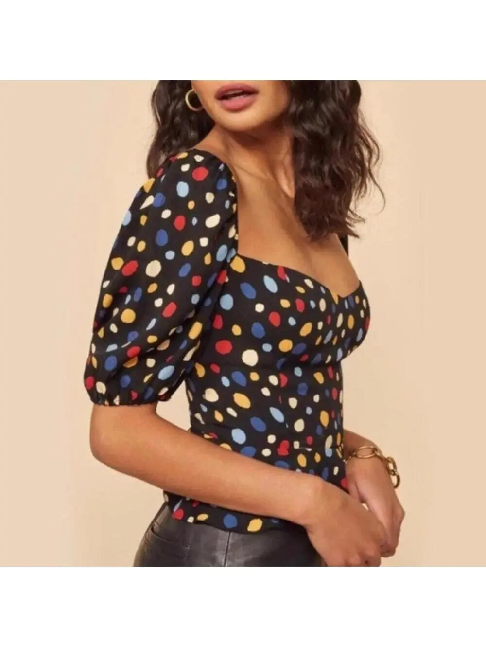 Reformation 10 Peplum Top Polka Dot Sweetheart Neck Short Puff Sleeves NEW $128